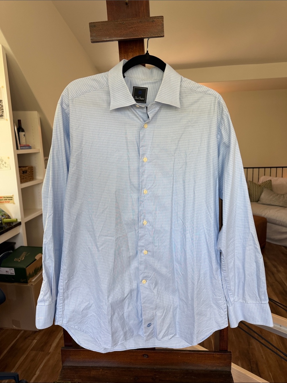 David Donahue Light Blue Micro-Check Dress Shirt